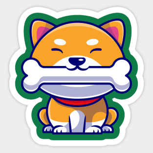 Cute Shiba Inu Dog Eating Bone Cartoon Sticker